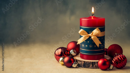 A blank greeting card with a Christmas advent candle. The candle is a red candle with a dark blue background. The candle has a golden ribbon around it and is placed on a natural base.