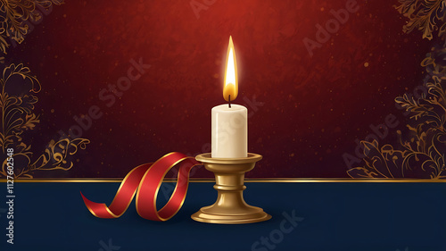 A blank greeting card with a Christmas advent candle. The candle is a red candle with a dark blue background. The candle has a golden ribbon around it and is placed on a natural base.