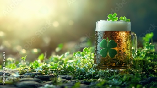 A beautifully crafted beer mug with a lively head of foam, adorned with a shamrock, set amidst a lush and vibrant garden of clover leaves in the sunshine. photo