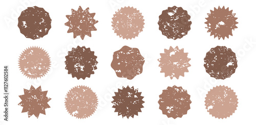 Sticker shape starburst mocha mousse color, sun crayon art, star label chalk, sale price tag, circle grunge badge, discount sketch icon. Trendy colour 2025 year. Vector illustration