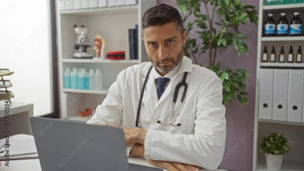 Doctor wearing white coat with stethoscope sits at desk in clinic office looking at laptop in a medical setting with shelves and plants visible in the background Doctor wearing white coat with stethoscope sits at desk in clinic office looking at laptop in a medical setting with shelves and plants visible in the background