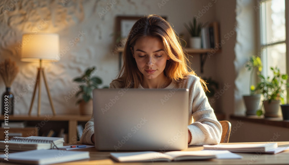 Woman working on laptop in cozy home office Woman working on laptop in cozy home office
