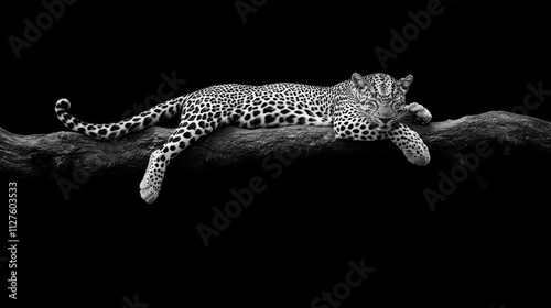Sleeping leopard on branch, black and white.