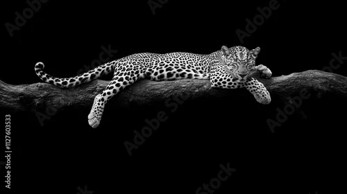 Obraz Sleeping leopard on branch, black and white.