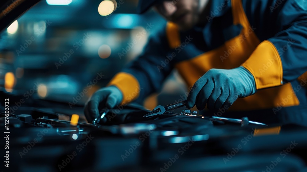 A mechanic works diligently on a car engine in a well-equipped garage, showcasing expertise and attention to detail. A mechanic works diligently on a car engine in a well-equipped garage, showcasing expertise and attention to detail.