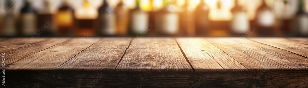 A rustic wooden table in front of a blurred bar filled with bottles, perfect for showcasing drinks or cocktails. A rustic wooden table in front of a blurred bar filled with bottles, perfect for showcasing drinks or cocktails.