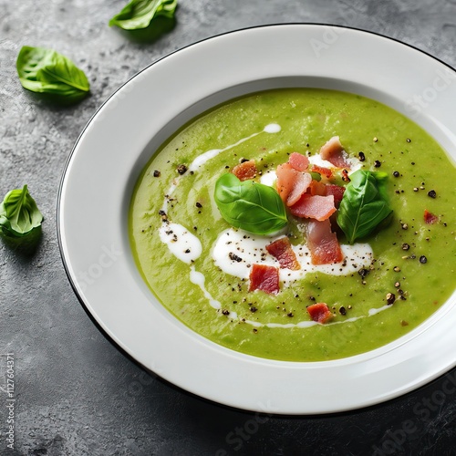 Closeup pea soup with fresh basil, crisp bacon, blurred background, space for text