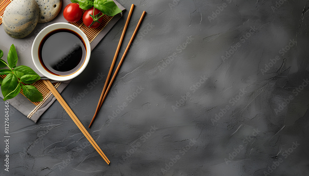Bowl of soy sauce and chopsticks on grey table, top view. Space for text Bowl of soy sauce and chopsticks on grey table, top view. Space for text