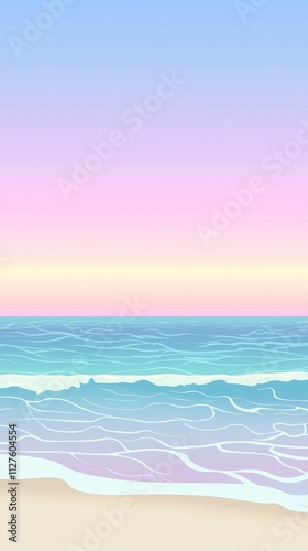 Gentle waves washing over a sandy beach at sunset, creating a serene and dreamy atmosphere with pastel colors dominating the scene, perfect for backgrounds and summer-themed projects