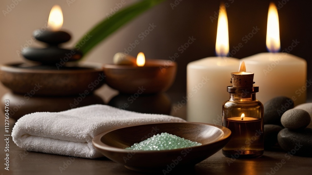 Relaxing moments in a tranquil spa setting with soothing candles, essential oils, and natural stones create an inviting atmosphere for self-care and rejuvenation Relaxing moments in a tranquil spa setting with soothing candles, essential oils, and natural stones create an inviting atmosphere for self-care and rejuvenation