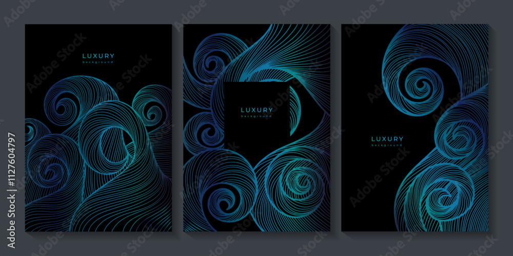 Set of luxury wavy linear templates. Shiny blue waves on black background. Swirl pattern. Poster with gradient lines. Sea, ocean. Curved lines. Water texture