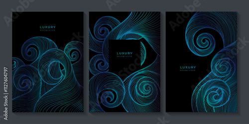 Set of luxury wavy linear templates. Shiny blue waves on black background. Swirl pattern. Poster with gradient lines. Sea, ocean. Curved lines. Water texture