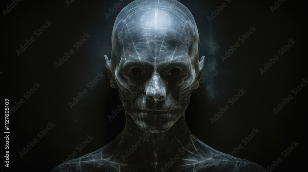 Black and white portrait of a human head with a wireframe overlay Black and white portrait of a human head with a wireframe overlay