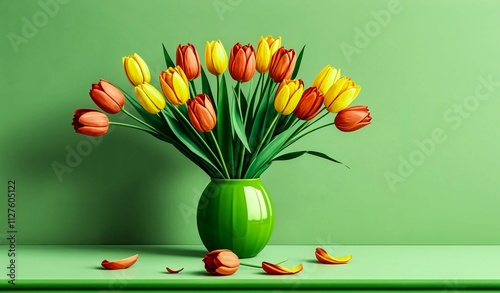 Bright tulips in a green vase on a calm green background