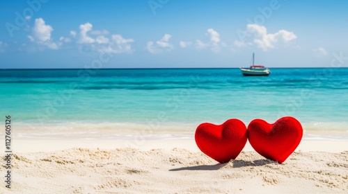Two red hearts stand on a white sand beach with turquoise water and a sailboat in the distance, representing love, romance, and a perfect honeymoon destination
