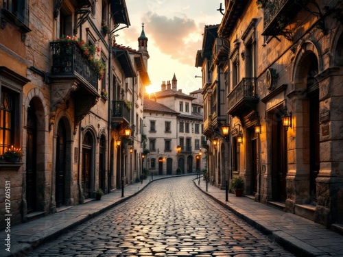 Twilight casts a golden glow over the cobblestone streets of a charming European village, illuminating historic buildings and creating a serene atmosphere