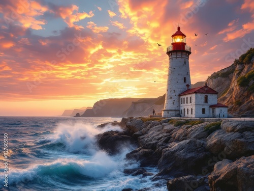 Majestic lighthouse stands tall against a vibrant sunset over roaring waves at the shore, capturing the essence of coastal beauty and serenity