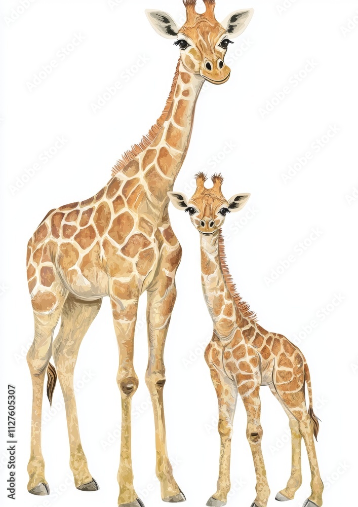 Obraz premium Watercolor painting of a mother giraffe standing protectively with her young calf, showcasing the beauty and tenderness of wildlife on a clean white background