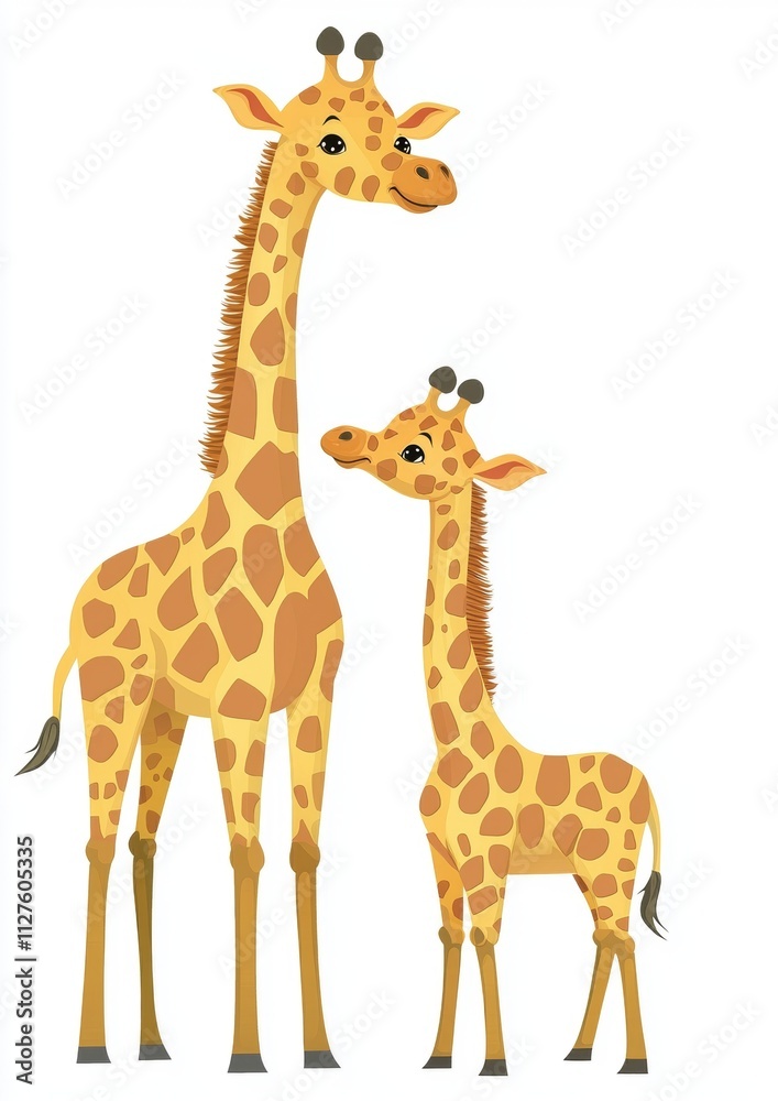 Two friendly cartoon giraffes, an adult and a calf, are standing side by side on a plain white background, creating a charming and simple scene Two friendly cartoon giraffes, an adult and a calf, are standing side by side on a plain white background, creating a charming and simple scene