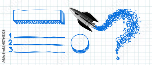 Modern collage with rocket launch and question mark. Rocket exhaust gases draw a question mark. Doodle style question mark, checklist. Problem and solution concept