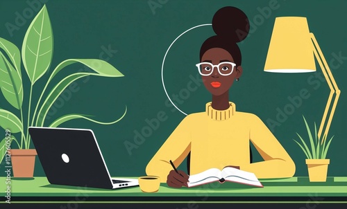 Woman sitting at a desk with a laptop and books, surrounded by cozy decor