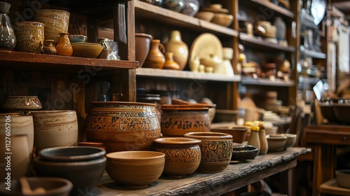 Handmade pottery on wooden shelves in a workshop