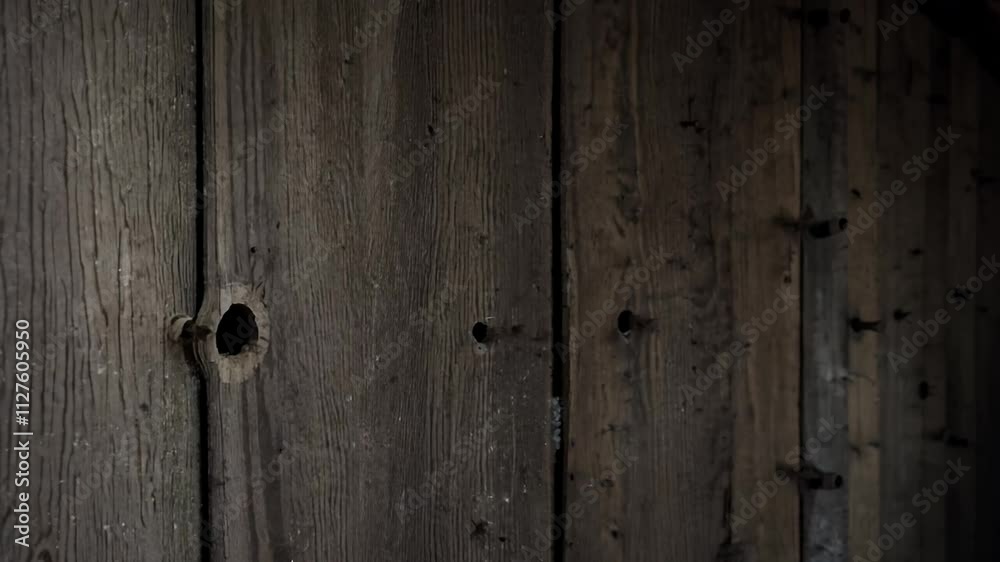 The camera pans right to reveal a wall made of dark stained wood with exposed nail heads The camera pans right to reveal a wall made of dark stained wood with exposed nail heads
