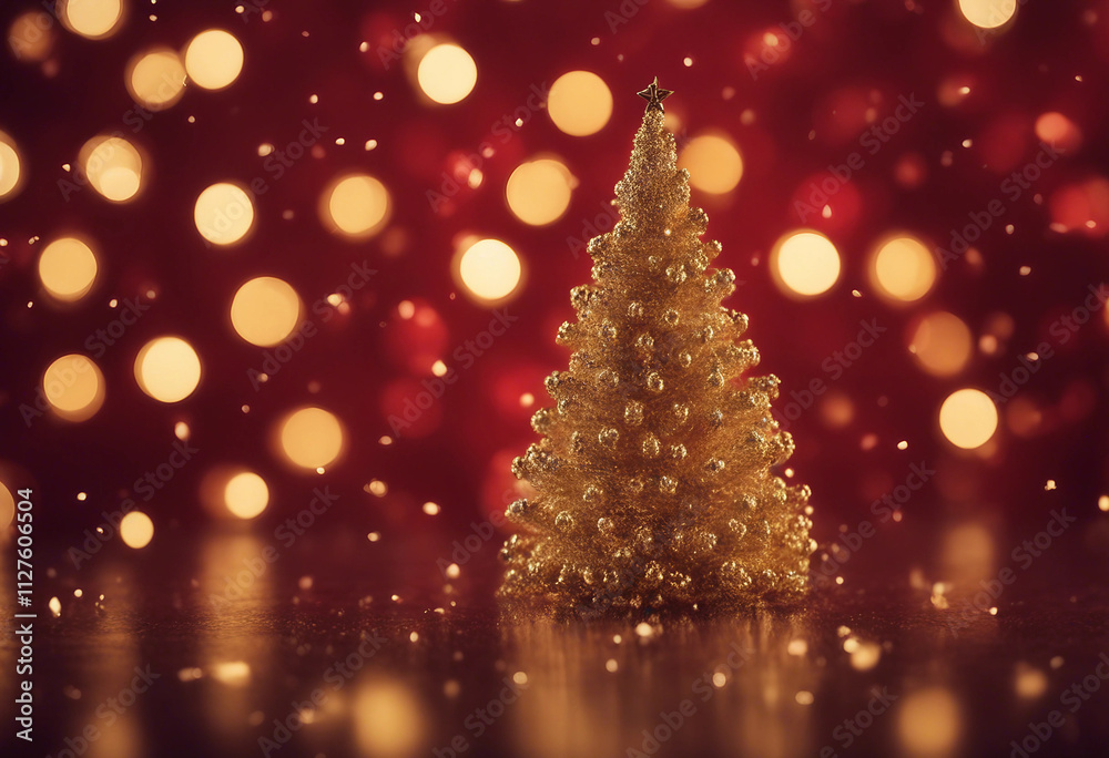 Golden Christmas Tree In Red Festive Background Golden Christmas Tree In Red Festive Background