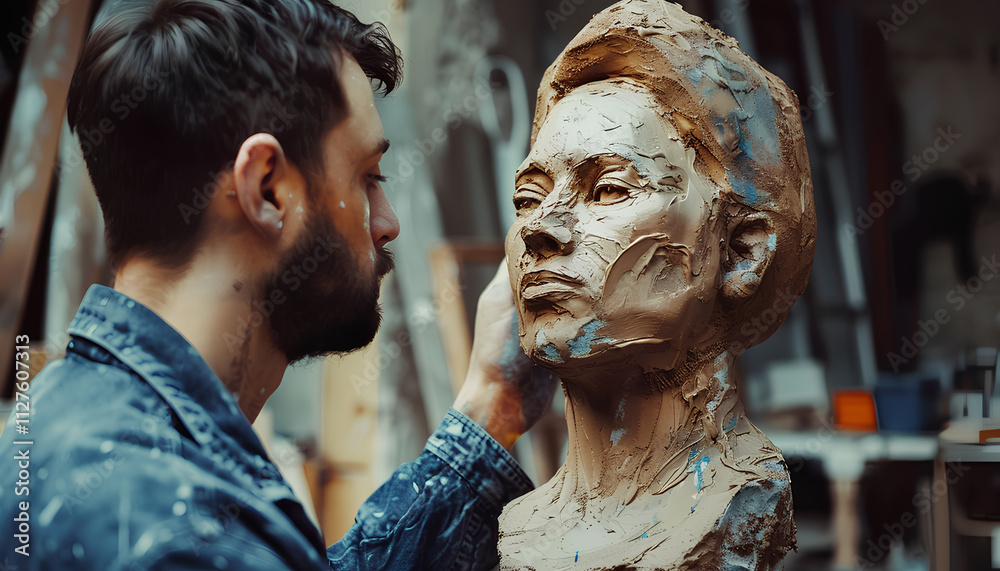 Man sculptor creates sculpt bust clay human woman sculpture. Statue craft creation workshop