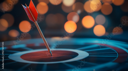 Red arrow hitting center of target on blurred background, concept of business success, achievement and goal