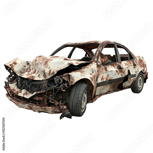 car crash wreck accident damage collision auto road traffic insurance. wreck vehicle car crush crash night repair emergency speed broken bumper street isolated injury safety scene automobile wheel photo