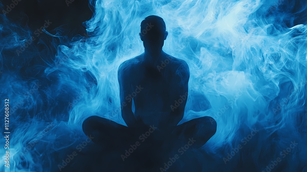 Fototapeta premium A shadowy figure sits amidst swirling blue smoke, creating an ethereal and mysterious image. Mystify. Illustration