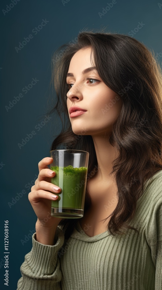 Brunette hair woman in blue top drinks glass of healthy green smoothie. Healthy eating. Brunette hair woman in blue top drinks glass of healthy green smoothie. Healthy eating.