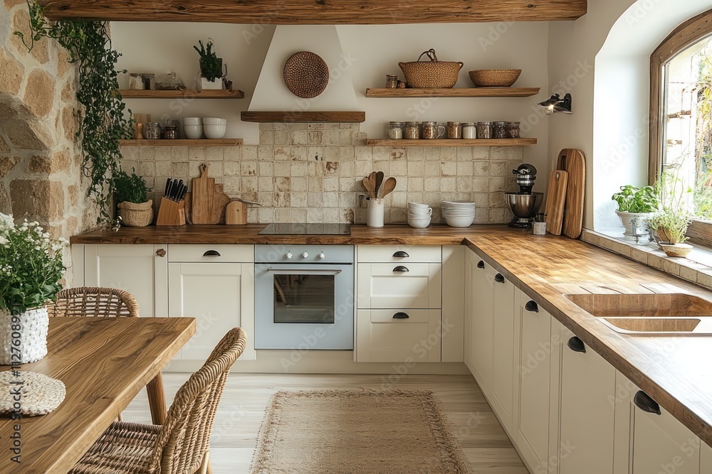Rustic farmhouse kitchen with wooden countertops, white cabinets, and natural light. Rustic farmhouse kitchen with wooden countertops, white cabinets, and natural light.