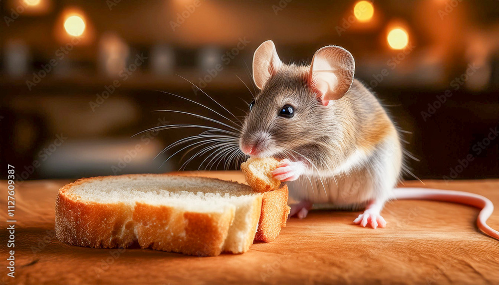 Fototapeta premium A mouse eating a slice of bread