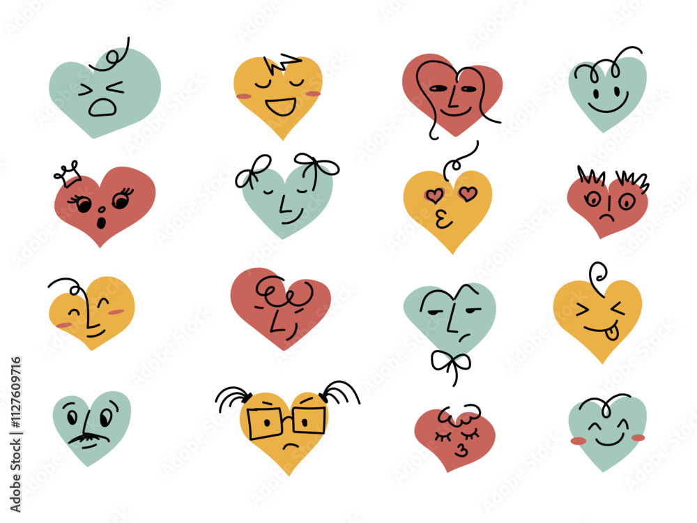 Funny hand drawn cartoon heart characters in different poses. Great set of hippie love stickers. Happy Valentine's day concept. Trendy retro emoji in 60's 70's style. Y2K aesthetics. Funny hand drawn cartoon heart characters in different poses. Great set of hippie love stickers. Happy Valentine's day concept. Trendy retro emoji in 60's 70's style. Y2K aesthetics.