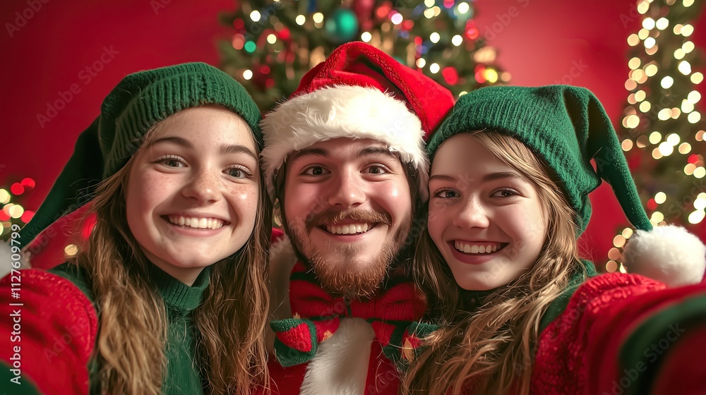 Santa and two elves taking cheerful selfies with bright smiles, set against a festive red background with a beautifully decorated Christmas tree. Great for holiday campaigns 2026 - 2027. Santa and two elves taking cheerful selfies with bright smiles, set against a festive red background with a beautifully decorated Christmas tree. Great for holiday campaigns 2026 - 2027.