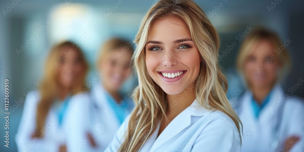 A Group of Professionals Smiling in a Modern Healthcare Setting with a Focus on a Confident Woman in a White Coat, Promoting Teamwork and Expertise in the Medical Field A Group of Professionals Smiling in a Modern Healthcare Setting with a Focus on a Confident Woman in a White Coat, Promoting Teamwork and Expertise in the Medical Field
