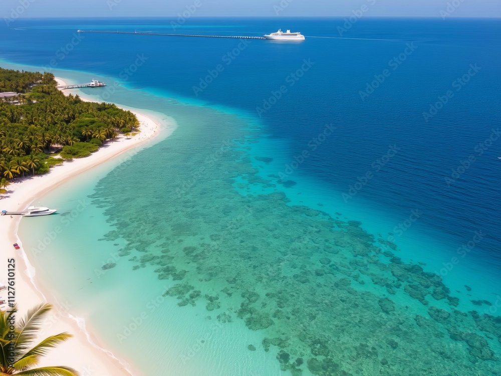 Aerial view of palm trees on sandy beach and turquoise ocean, tropical beach, serene Aerial view of palm trees on sandy beach and turquoise ocean, tropical beach, serene