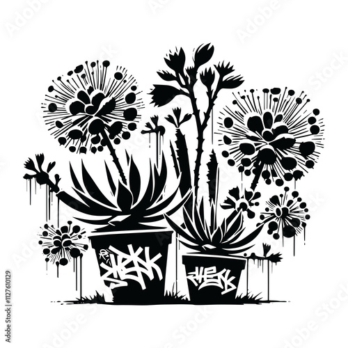 Xerophyte Plant silhouette fill with graffiti tags, street calligraphy, photo