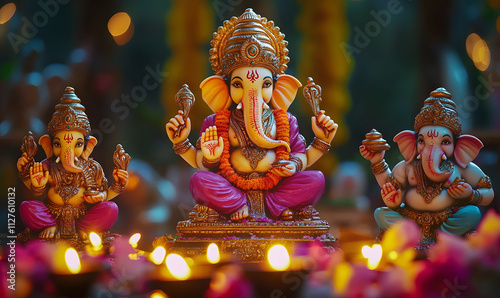 Temple of Indian gods Laxmi and Ganesh for Diwali - the festival of lights photo