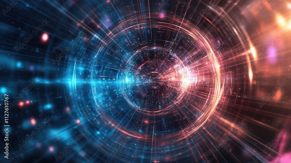 Abstract swirling light tunnel with vibrant colors and glowing particles. Abstract swirling light tunnel with vibrant colors and glowing particles.