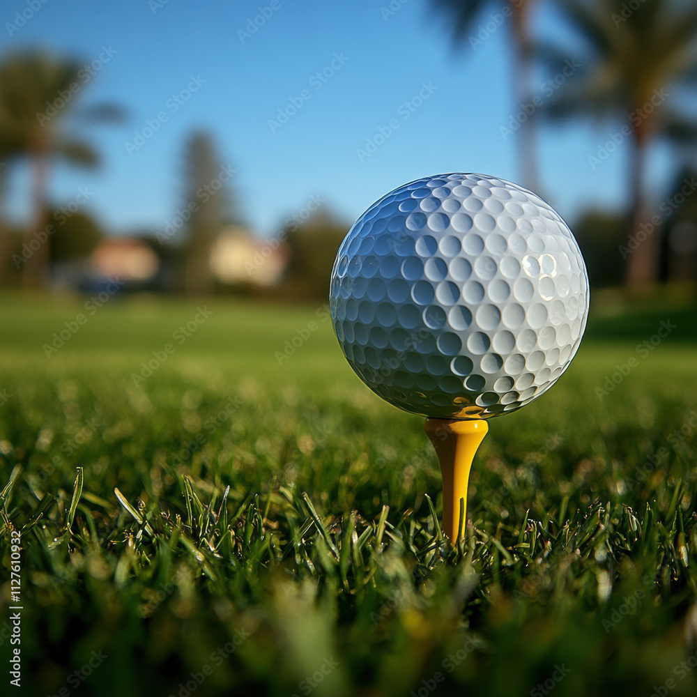 golf ball on a yellow golf tee, in the grass golf ball on a yellow golf tee, in the grass