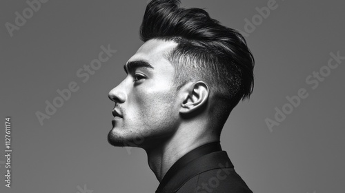 Stylish man profile, black and white, textured hair, sharp jawline.