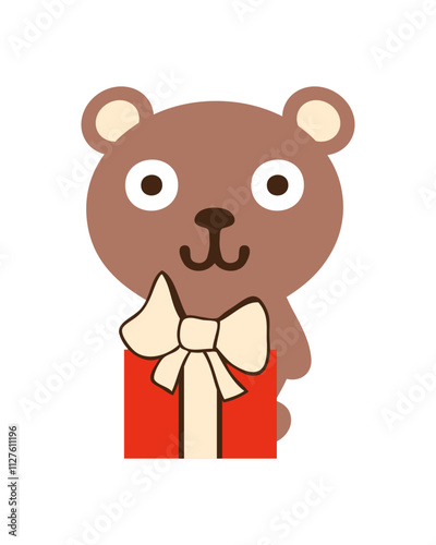 Happy teddy bear with birthday present. Great design for any purpose. Hand drawn isolated vector illustration.