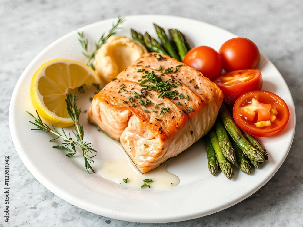 Baked salmon with asparagus, tomatoes, and herbs on white plate, seafood, baked Baked salmon with asparagus, tomatoes, and herbs on white plate, seafood, baked