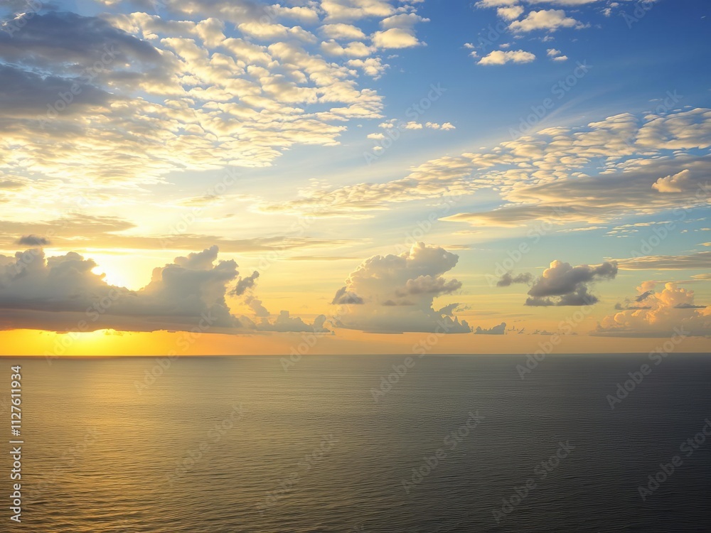 Beautiful clouds reflecting golden hues at sunset over the calm sea with soft colors, beauty, horizon Beautiful clouds reflecting golden hues at sunset over the calm sea with soft colors, beauty, horizon