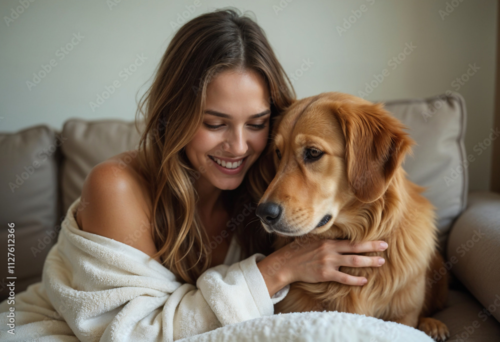 A young woman and her golden retriever dog cuddling on a couch. A young woman and her golden retriever dog cuddling on a couch.