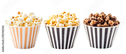 Three striped popcorn containers filled with different types of popcorn, showcasing a variety of flavors. Ideal for movie nights or snacks. photo