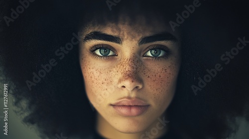 Close-up portrait of a young woman with freckles and blue eyes, serious expression.